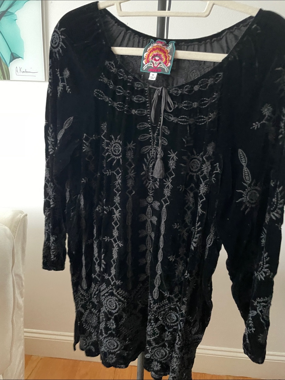 Johnny Was Black Embroidered Velvet Tunic with Tassel
